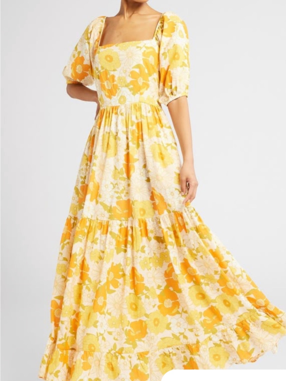 Sunshine Floral Square-Neck Maxi Dress with Puff Sleeves